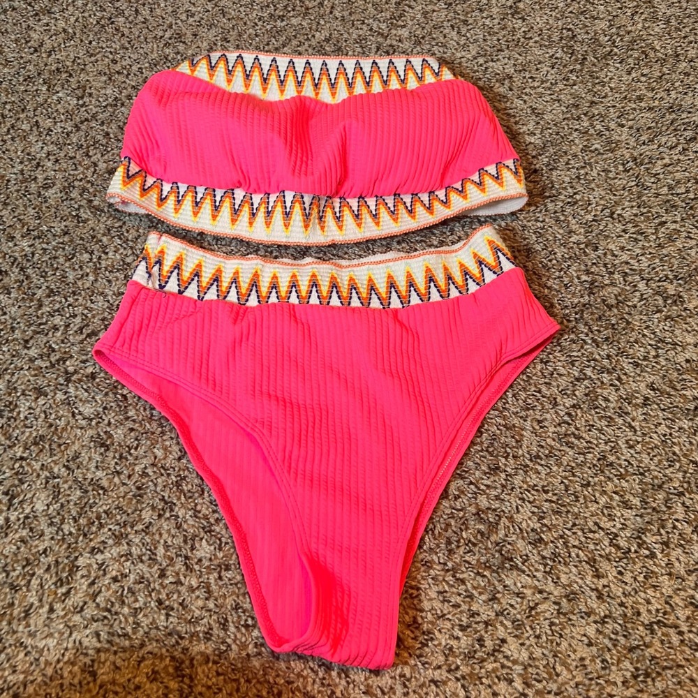 Hot‎ Pink High Waisted Ribbed Bikini Set Womens Extra Large Swimwear